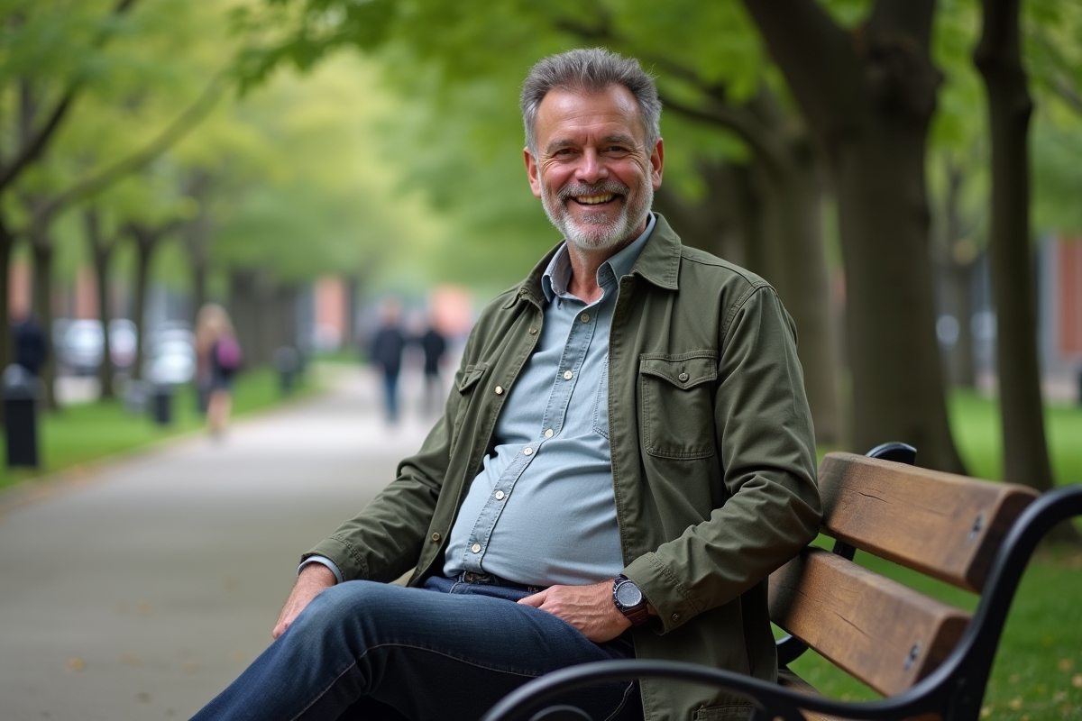 Homme souriant assis sur un banc dans un parc verdoyant