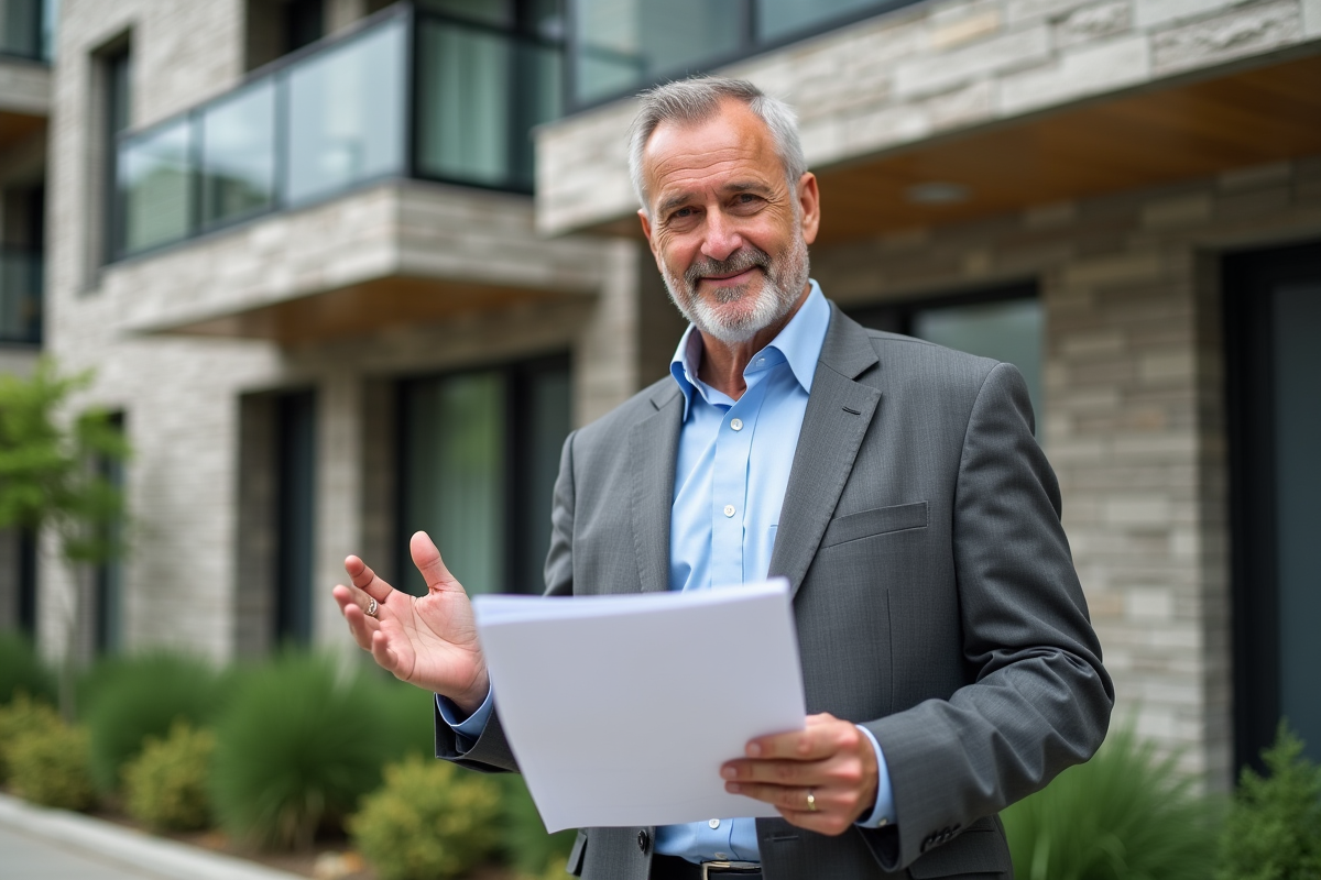 Homme en costume expliquant documents devant immeuble