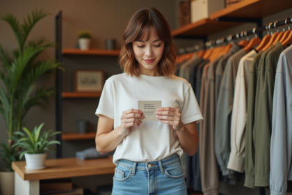 Jeune femme examine une étiquette de vêtement dans une boutique écologique