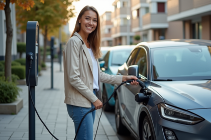 Jeune femme connectant une voiture électrique en ville
