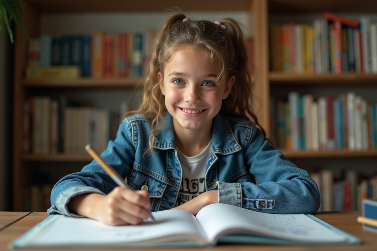 Jeune fille dessinant dans un carnet à la maison