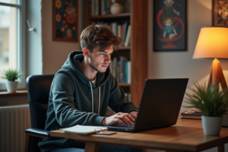 Jeune homme jouant à Dofus sur un laptop dans un appartement