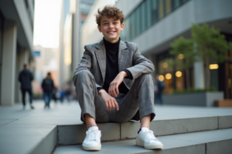 Jeune garçon en costume à carreaux dans la ville