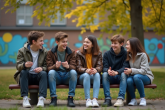 Groupe d'adolescents dans un parc urbain avec mur coloré