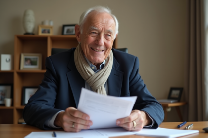 Homme senior en blazer bleu examine des papiers de retraite