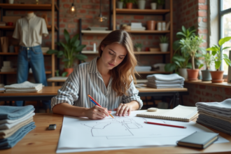 Jeune femme esquissant un vêtement dans un atelier moderne