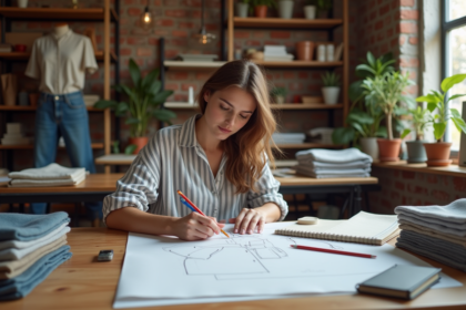 Jeune femme esquissant un vêtement dans un atelier moderne