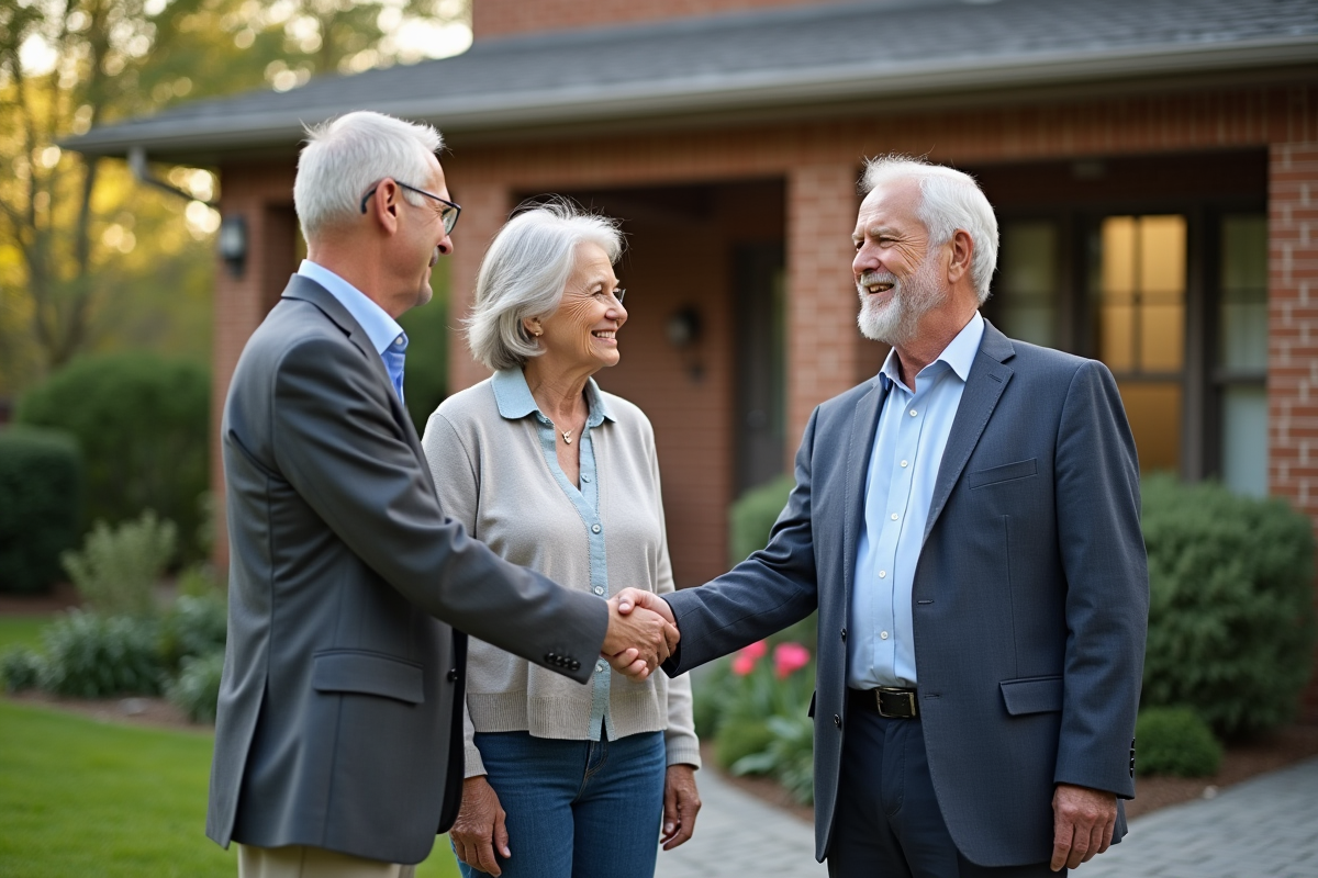 Couple échangeant poignée de main avec conseiller immobilier