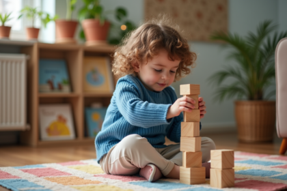 Fille de 5 ans construisant une tour en blocs en bois dans un salon