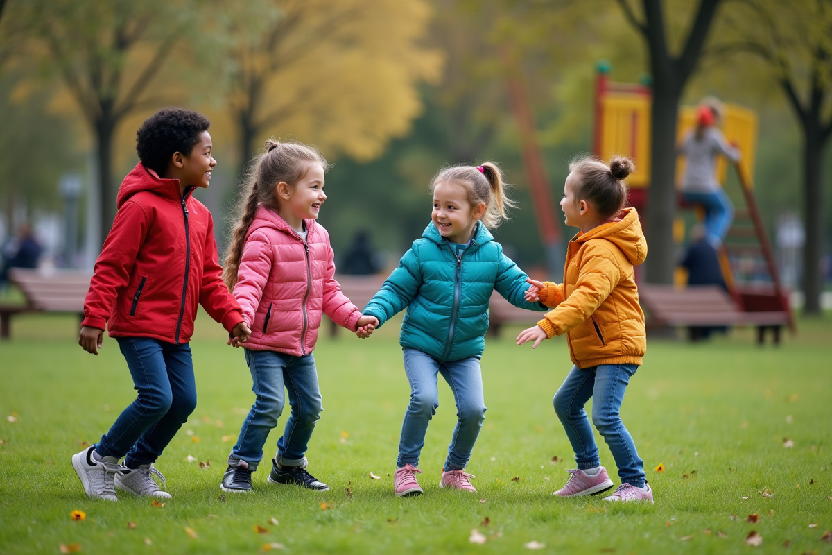 Groupe de quatre enfants jouant dans un parc en plein air