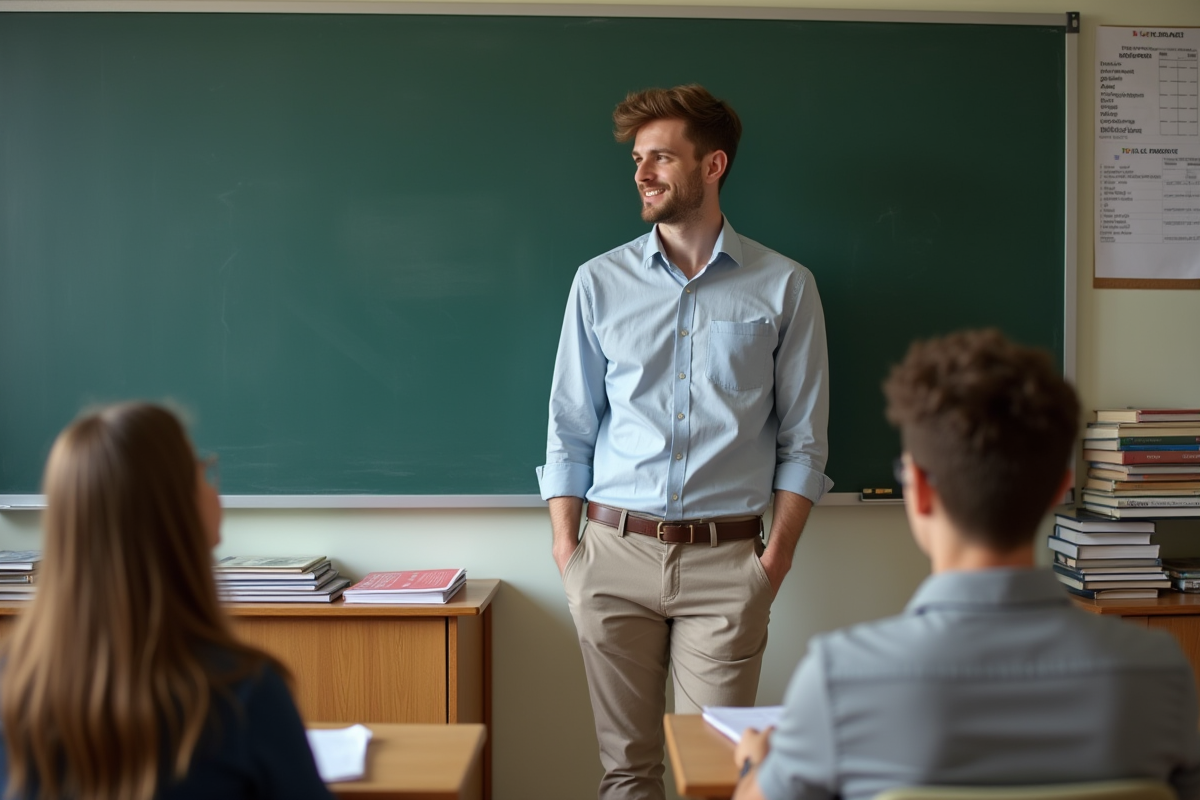 Jeune enseignant en classe parle avec un élève