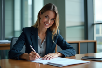 Femme d'affaires signant des documents dans un bureau moderne