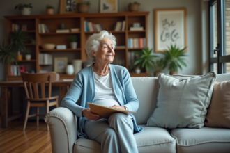 Femme agee assise confortablement dans un salon chaleureux