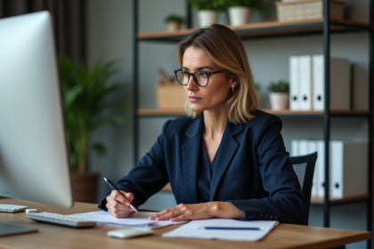 Femme d'affaires en costume navy au bureau