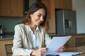 Femme souriante vérifiant documents de prêt immobilier