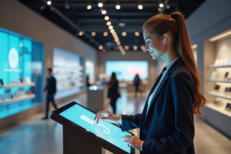 Jeune femme souriante utilisant un kiosque digital en magasin