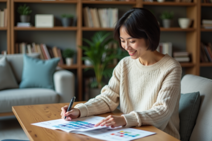 Femme en bureau moderne examine des échantillons de couleurs