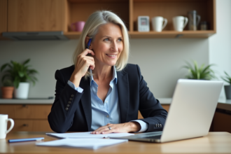Femme d'âge moyen examinant des documents dans une cuisine moderne