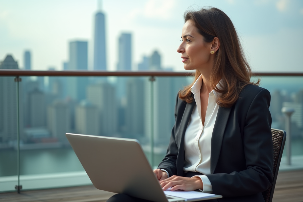 Femme réfléchissant sur une terrasse avec vue sur la ville