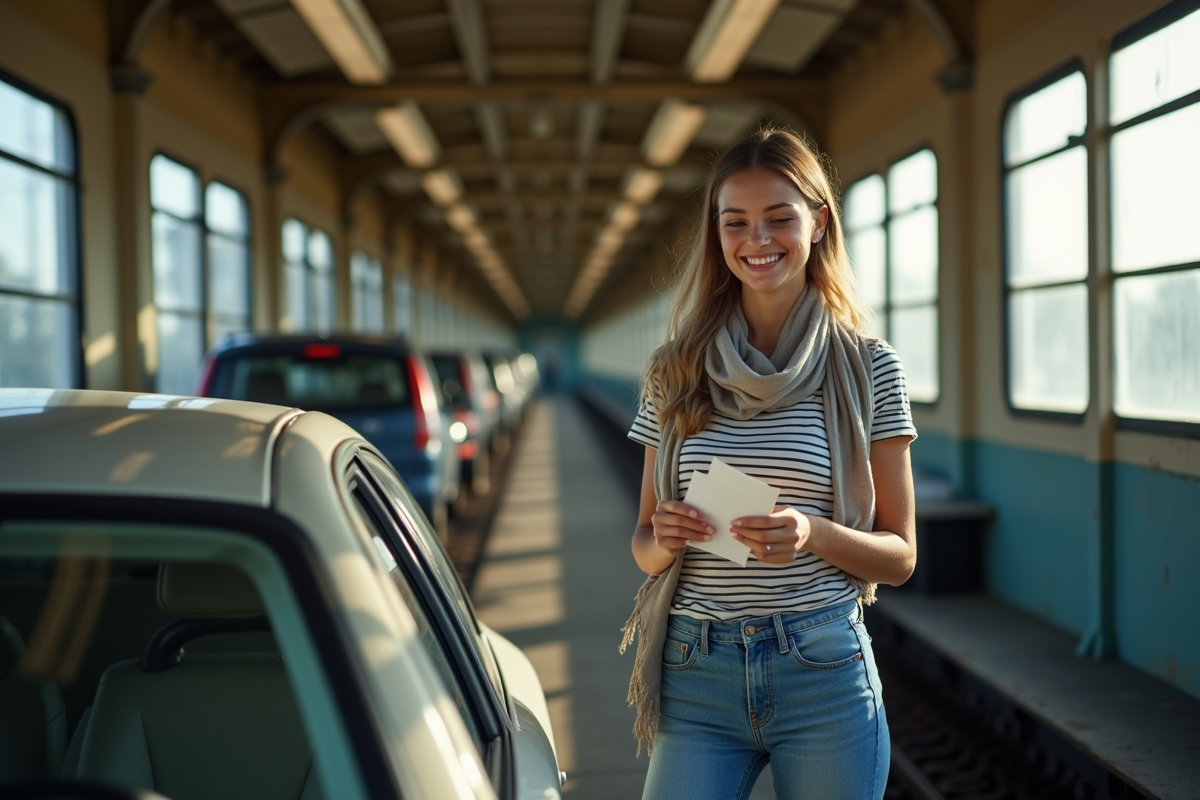 Jeune femme souriante vérifiant son ticket dans un train