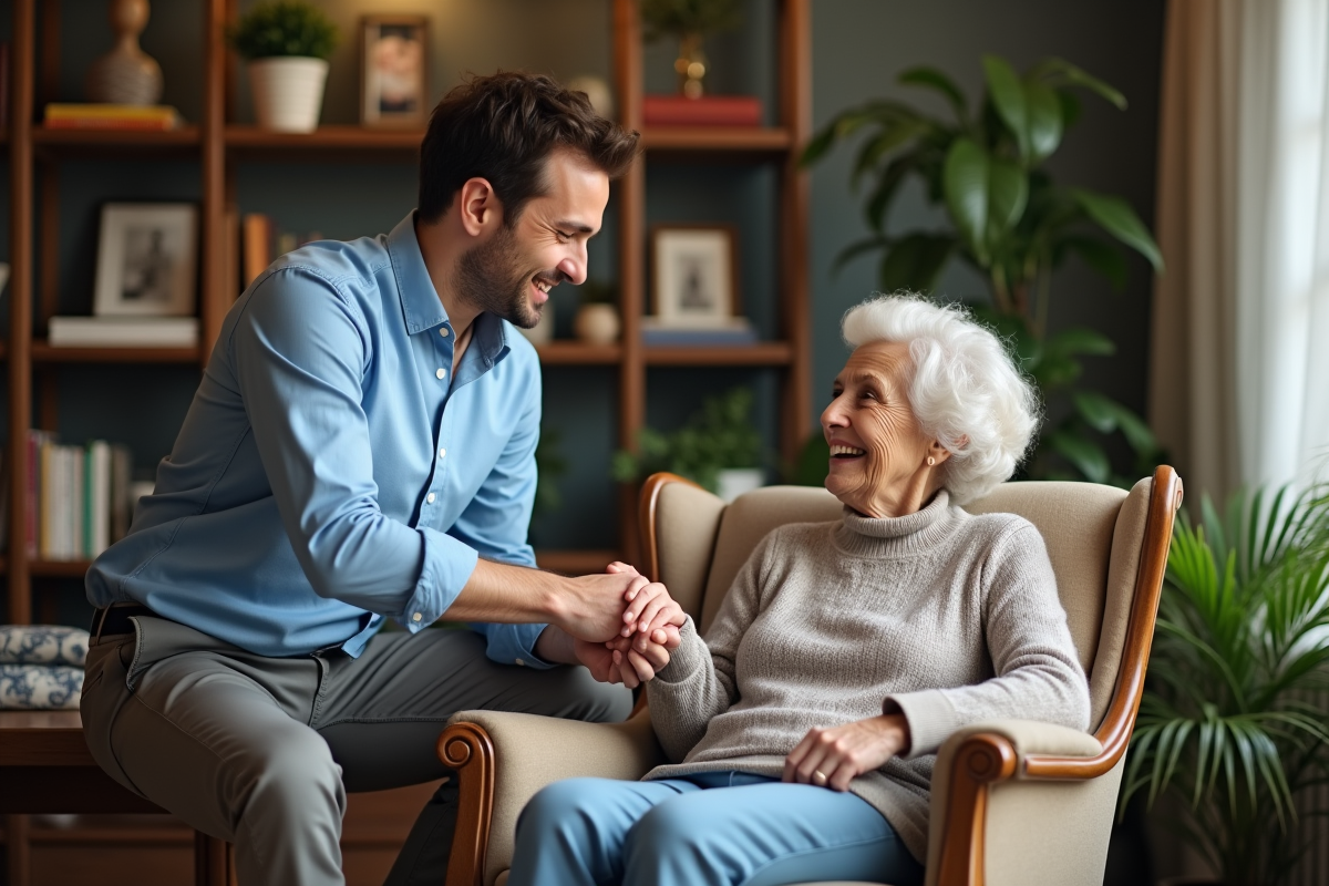 Fils français et mère âgée dans un salon chaleureux
