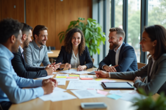 Groupe de professionnels collaborant en réunion moderne