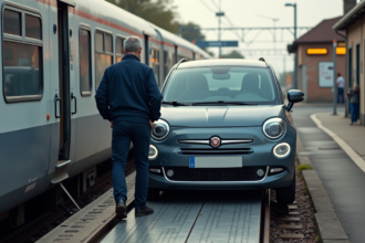 Homme chargeant sa voiture sur un train en gare en France