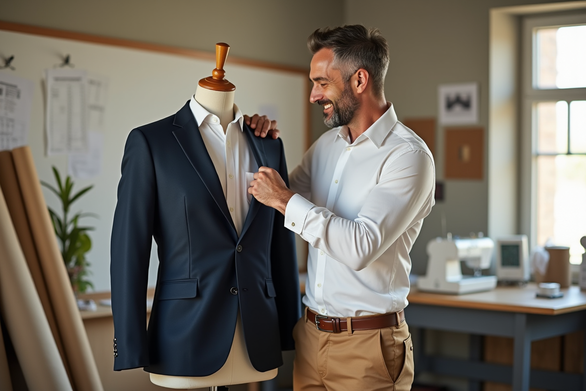 Homme examinant une veste sur un mannequin dans un studio de couture