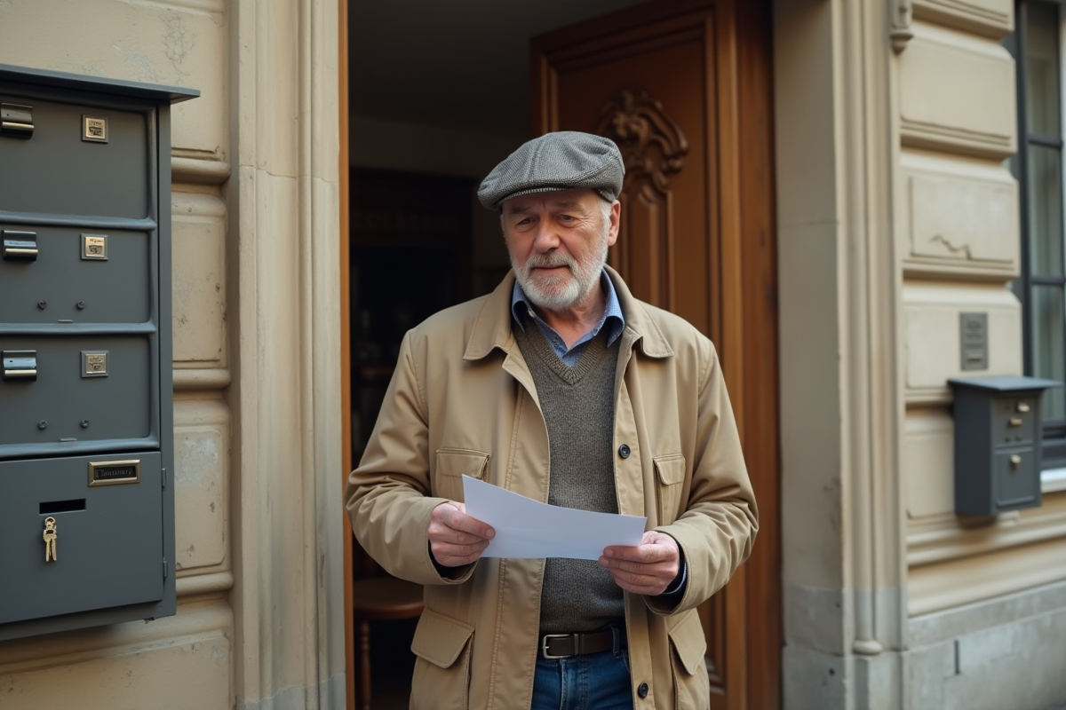 Homme senior devant un immeuble parisien avec clés et lettre