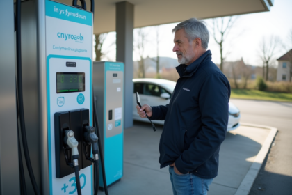 Homme examine un distributeur d'hydrogene en ville