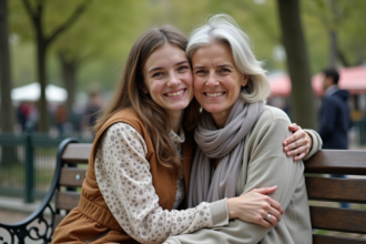 Femme française et fille partageant un moment dans un parc parisien