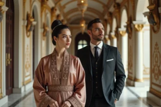 Femme en robe empress style dans un palais élégant