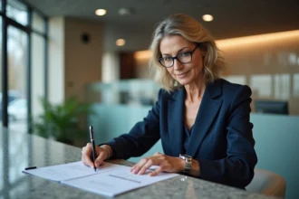 Femme d'affaires dans une banque moderne en costume navy