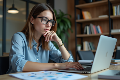 Jeune femme concentrée analysant un organigramme au bureau