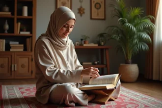 Femme musulmane lisant le Quran dans un salon chaleureux