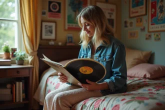 Femme dans la quarantaine avec veste en denim vintage et jupe florale