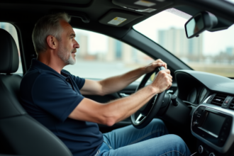 Homme d'âge moyen dans une voiture automatique moderne