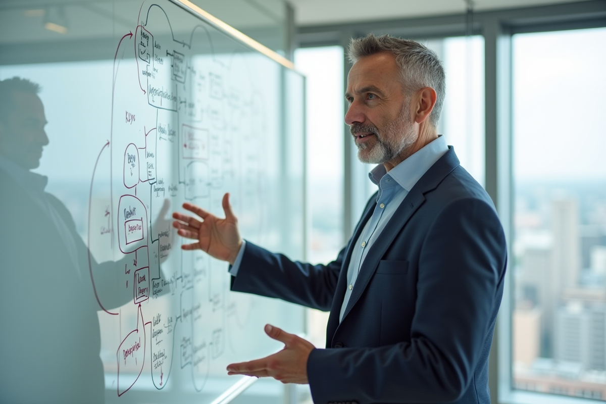 Homme en discussion expliquant un diagramme sur whiteboard