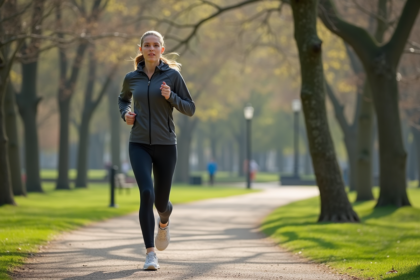 Jeune femme en jogging dans un parc urbain au printemps