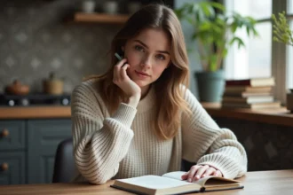 Jeune femme en cuisine écrivant dans un carnet