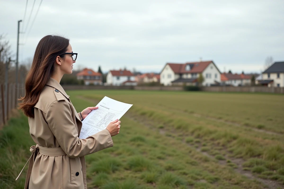 Jeune femme regarde un terrain vide en zone rurale avec document de zonage
