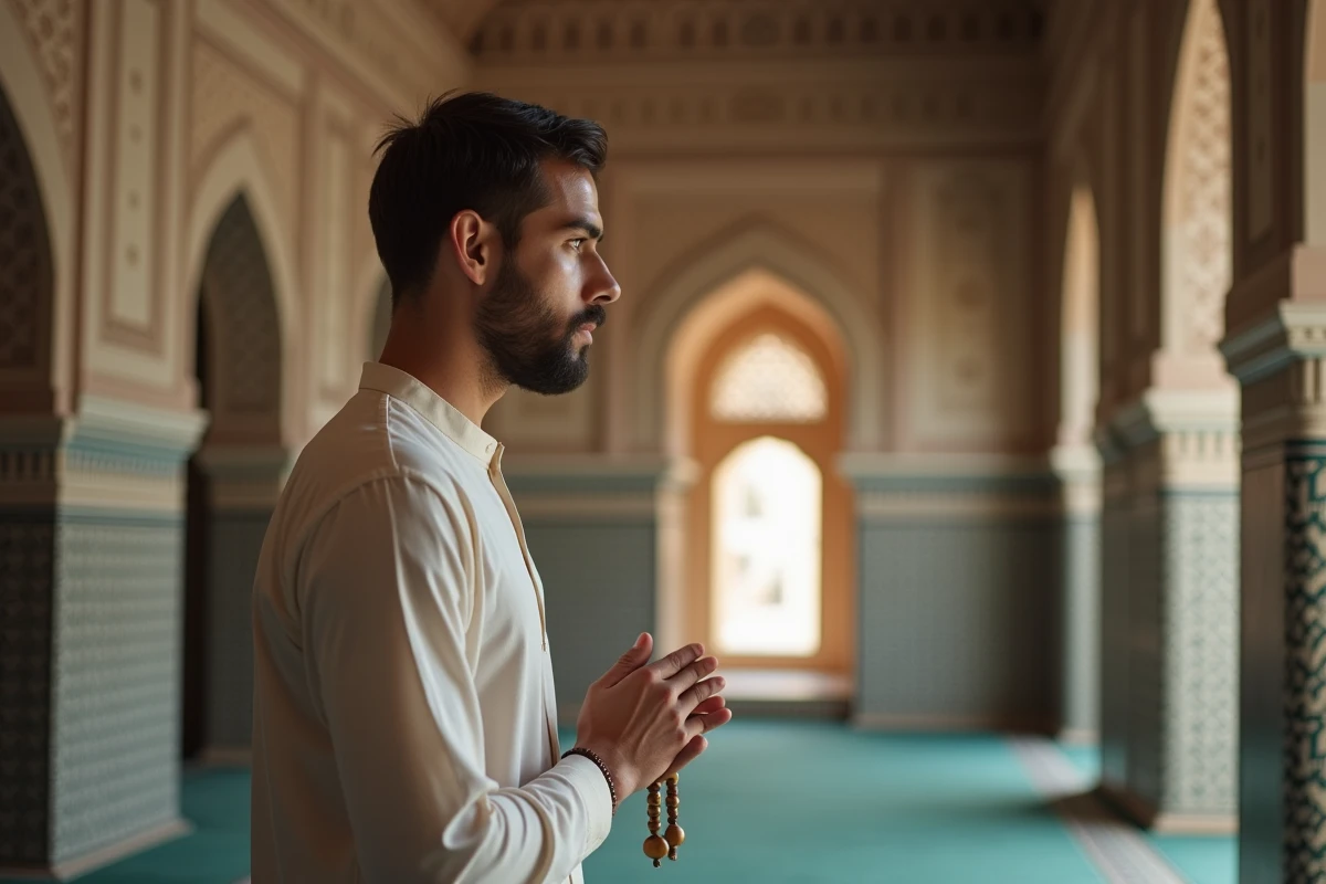 Jeune musulman priant avec des perles dans une mosquee