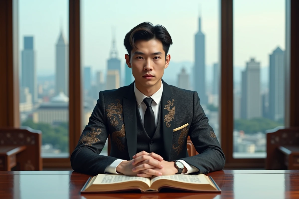 Jeune homme en costume avec motif dragon devant ville moderne