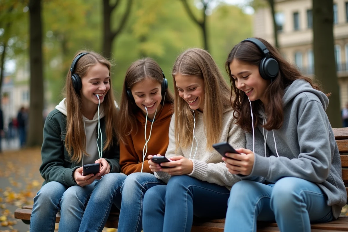 Jeunes français écoutant de la musique dans un parc parisien