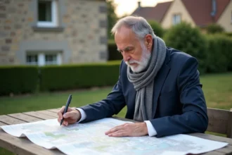 Urbaniste examine une carte cadastrale en extérieur dans un quartier résidentiel