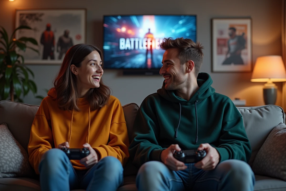 Deux amis discutant de jeux vidéo sur un canapé dans le salon