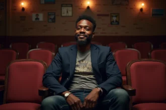 Comedien noir assis dans un vieux theatre vide