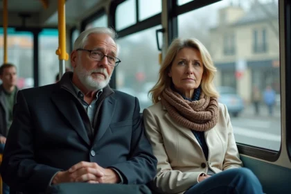 Deux voyageurs assis dans un bus en réfléchissant