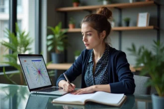 Jeune femme analyse un diagramme réseau sur son ordinateur