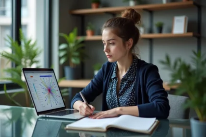 Jeune femme analyse un diagramme réseau sur son ordinateur
